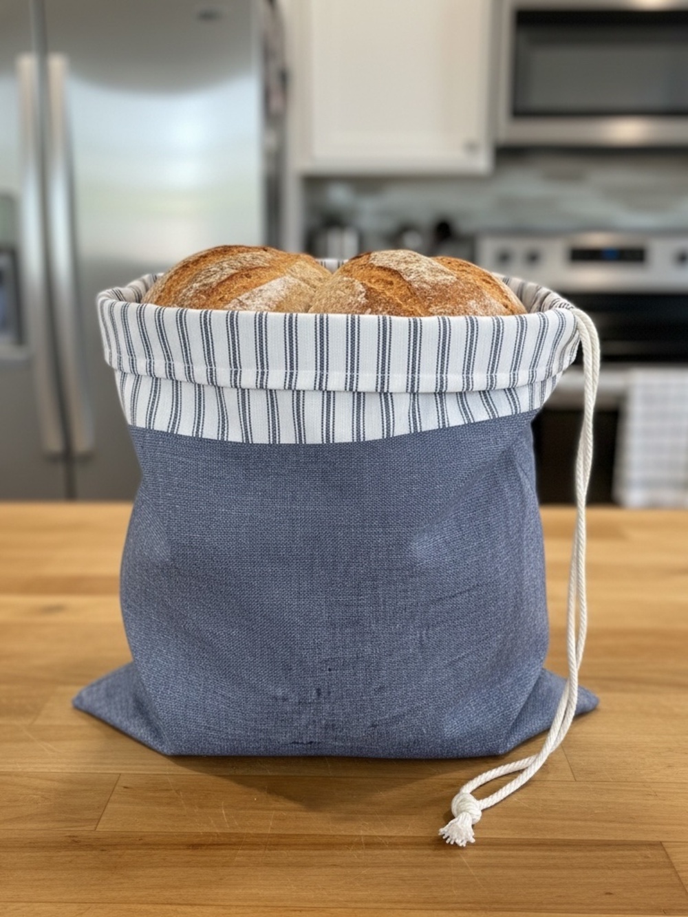 Navy Blue Striped Bread Bag, Reusable Cotton Sourdough Bread Storage Bag